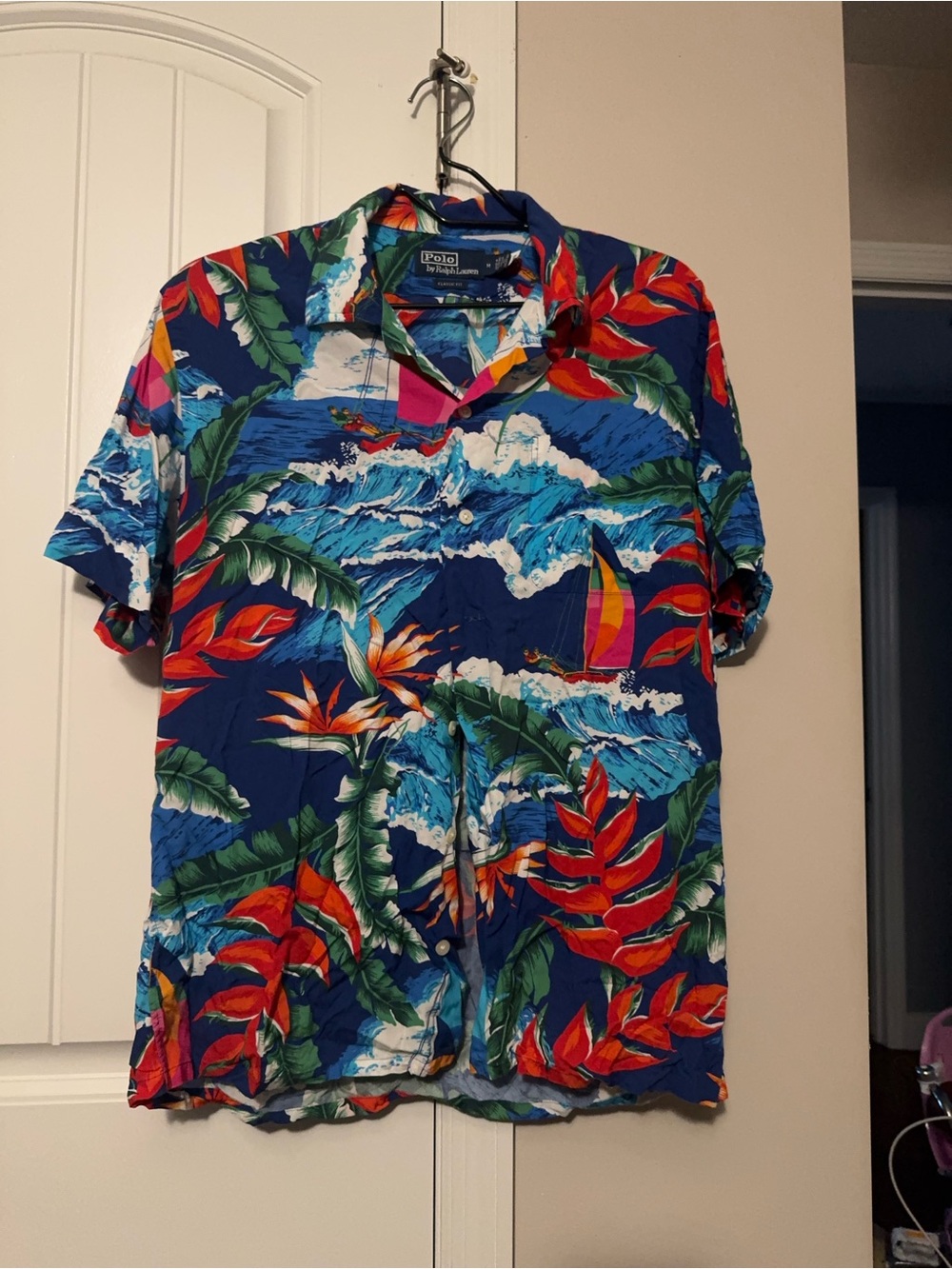 Ralph Lauren Blue Tropical Sailboat Print Short-Sleeve Shirt worn once